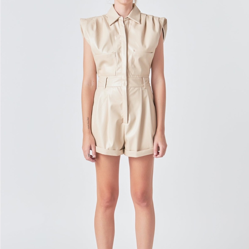 GREY LAB Beige Sleeveless Faux Leather Romper